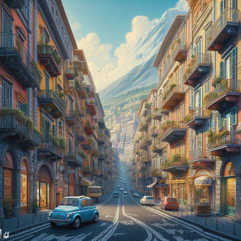 Via dei Mille a Napoli in stile Disney, creata con Bing creator AI generativa di Microsoft
